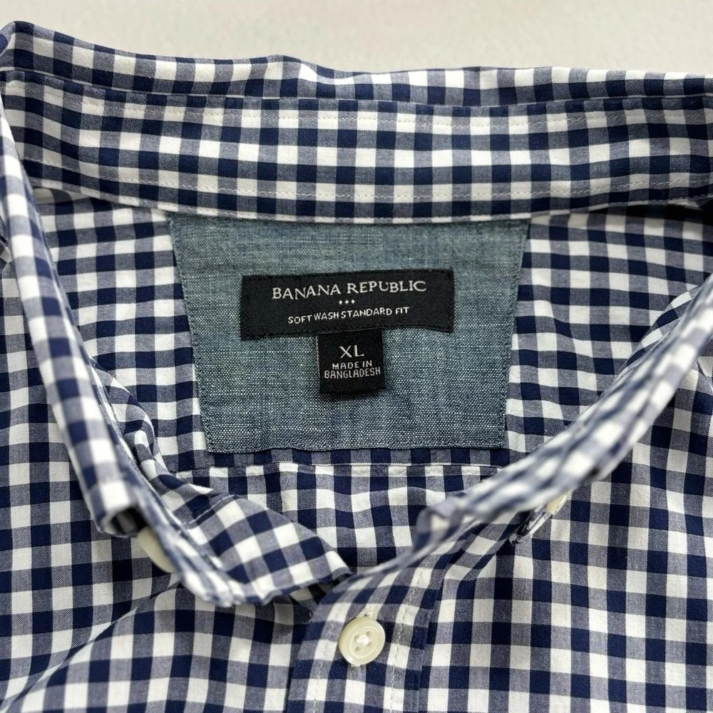 Banana Republic Men XL Navy Gingham Button Down Shirt Soft Wash Standard Fit